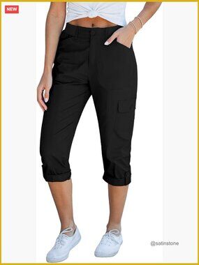 High Waisted Cargo Capri Pants Relaxed Fit Elastic Knit Waist